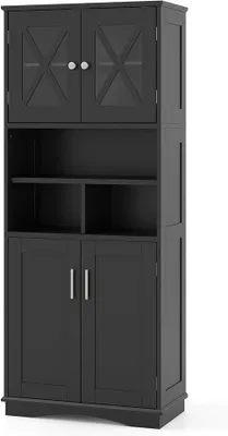 Produktbild von Badezimmerschrank, schmaler Hochschrank , 2 Türen, offene Fächer, verstellbare Einlegeböden, Schwarz