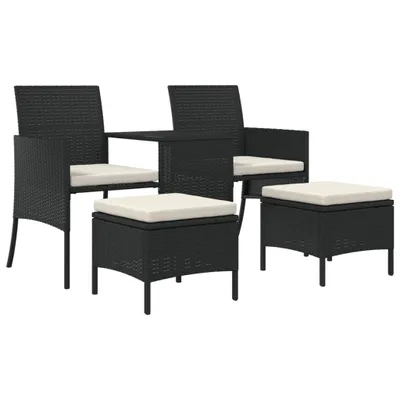 Produktbild von Gartensofa 2-Sitzer mit Tisch und Hockern Schwarz Poly Rattan