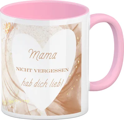 Produktbild von Herz Kaffeebecher in rosa mit Spruch Mama nicht vergessen ich hab dich lieb