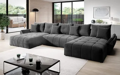 Produktbild von Vigo Velvet Monolith Ecksofa in U-Form 382 cm x 190 cm - Schlafsofa mit Bettkasten - Couch mit Stauraum und Kissen - Sofa mit Schlaffunktion - Ausziehbares Schlafsofa - Farbe: Darkgrau (M-92)