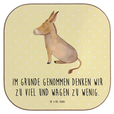 Produktbild von Mr. & Mrs. Panda Untersetzer Tasse Esel - Gelb Pastell - Geschenk, Weisheit, Ziel, Positive Gedanken, Coaster, Holzuntersetzer, Gläser, Tassenuntersetzer, Zuversicht, Mut