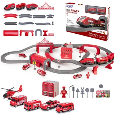 Obrázek produktu pro WOOPIE Elektrická vláčková dráha Autodráha Hasičský vrtulník Auta 92 ks.