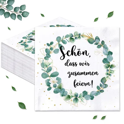 40 Servietten Eukalyptus 33x33 cm, gold-grün, Spruch „Schön, dass du da bist“