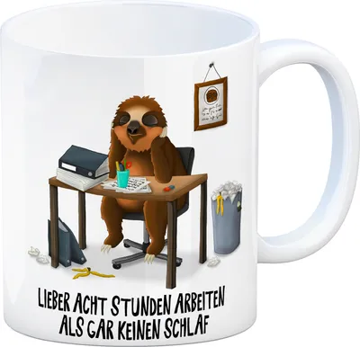 Produktbild von Kaffeebecher mit Faultier im Büro Motiv und Spruch: Lieber acht Stunden