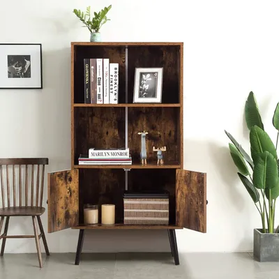 Produktbild von COSTWAY Bücherschrank mit 2 Türen, Bücherregal Holz, Standregal Vintage, Holzregal braun, Aufbewahrungsregal 60x30x120cm