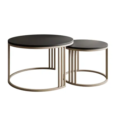 Two nesting coffee tables with black tops and metallic frames.