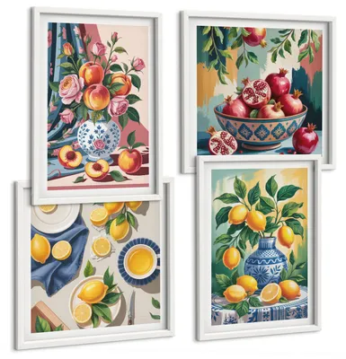 Produktbild von Bilder Set 4-teilig im weißen Rahmen – Wandbilder 4 Stück – gerahmte Poster für Wohnzimmer, Schlafzimmer und Flur – 50x50 cm - 40x60 cm – Blumen und Früchte in Vasen