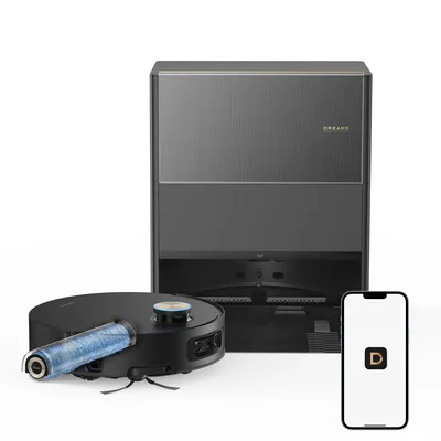 A robot vacuum cleaner, its charging station, and a smartphone displaying a brand logo are arranged on a white background.