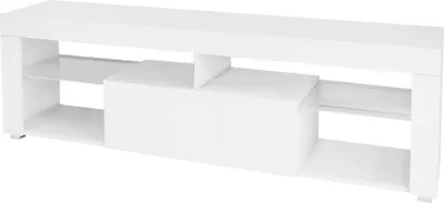 Produktbild von Drevená TV skrinka ML-Design, biela, 140x51x35 cm, TV skrinka s úložným priestorom, bezúchytkové prevedenie, stojaca TV skrinka so zásuvkou a 2 sklenenými policami