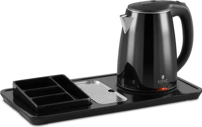 A black electric kettle and a black organizer tray are placed on a black tray.