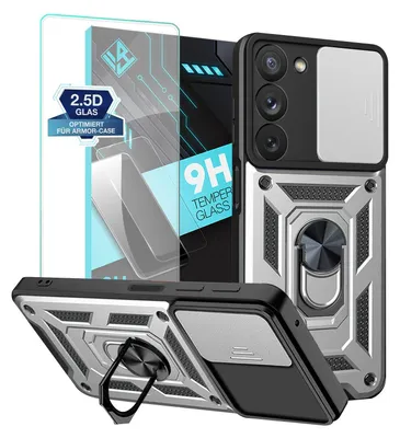 A product shot of a phone case and screen protector with marketing text.