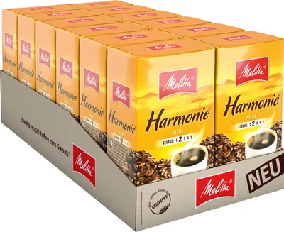 A display tray filled with multiple packages of Melitta Harmonie Mild coffee.