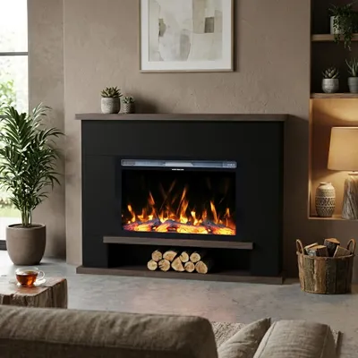 Produktbild von Garlivo Elektrokamin 'CATANIA Schwarz/ Wenge' | LED Standkamin in weiss mit Heizung (1500 W) | HxBxT: 116x142x28cm