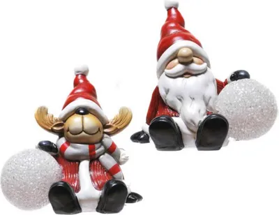 Produktbild von 2er Set Weihnachtsmann und Elch mit LED-Schneeball mit gelben Licht