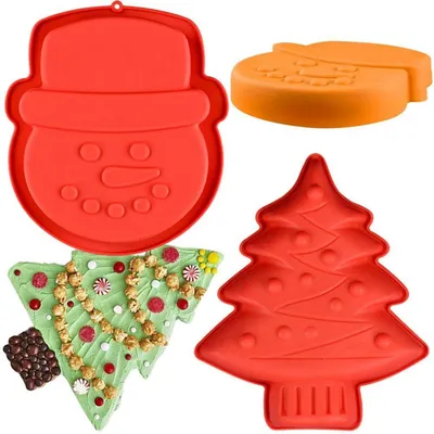 Image de Moules en silicone, motifs sapin de Noël et Père Noël, lot de 2, dimensions : 18,5 x 15 cm et 23,2 x 20,8 cm
