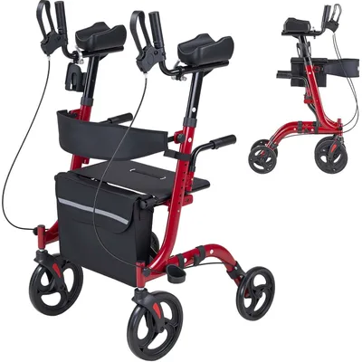Image de Déambulateur - Déambulateur pliable et léger avec siège - Capacité de charge jusqu'à 136 kg - Réglable en hauteur - Avec frein de blocage - Avec dossier, sacoche et support pour canne - Rouge