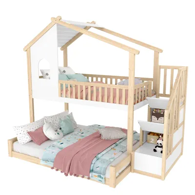 Produktbild von okwish Etagenbett 90/140x200 Holz-Doppelbett mit Zaun und Rolltreppe,Jugendbett mit Stauraumleiter und Fenster,mit Ablagefächer,ohne Matratze,Natur+ Weiß