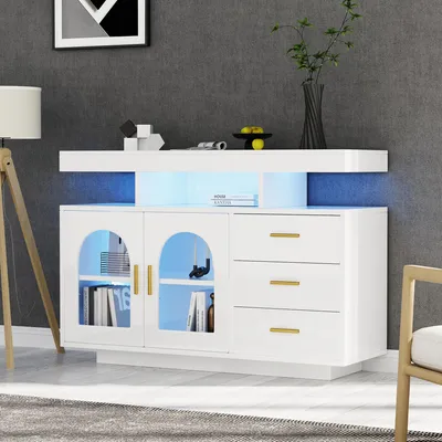 Produktbild von STILVORA Sideboard mit LED-Beleuchtung und 16 Farben, Buffetschrank mit Schubladen, Küchenschrank in Hochglanz für Esszimmer, Weiß