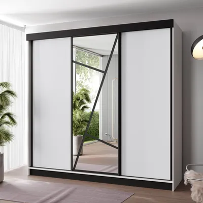 Produktbild von FurMeb24 Schiebetürenschrank LOE 250x205x59 cm Kleiderschrank mit Spiegel, 3-türiger Schiebeschrank (WEISS/WEISS)