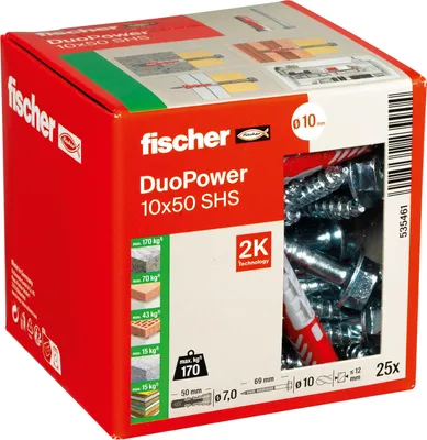 Produktbild von fischer DUOPOWER 10 x 50 S, Universaldübel mit Sicherheitsschraube, 2-Komponenten-Dübel, Kunststoffdübel zur Befestigung in Beton, Ziegeln, Stein, Gipskarton uvm., 25 Dübel + 25 Schrauben