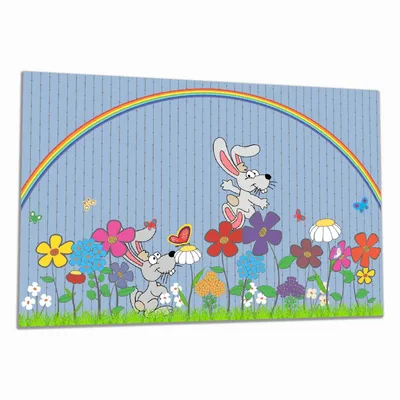 Produktbild von Wallario Herdabdeckplatte aus Glas, Größe 80 x 52 cm 1-teilig, Motiv Süße Hasen unter einem Regenbogen