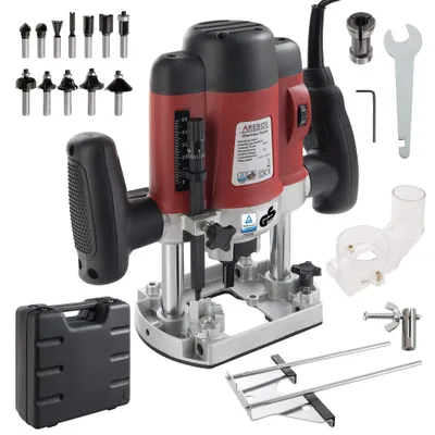 Produktbild von Arebos Oberfräse mit Koffer (1200 W, Ø 6 und 8 mm, Drehzahlregelung, Parallelanschlag, Reduzierstück, Kopierhülse, Absaugadapter, inkl. Zubehör) inkl. Fräser Set 12-teilig