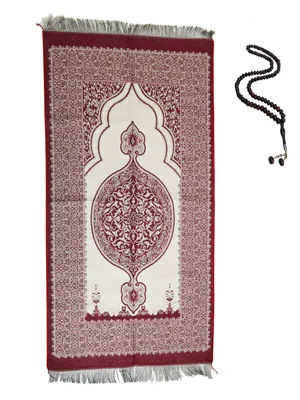 Obrázok produktu pre Turecký modlitebný koberec – vzor mihrab – tenký – 250 g – 125 x 65 cm – Misbaha – tmavočervený
