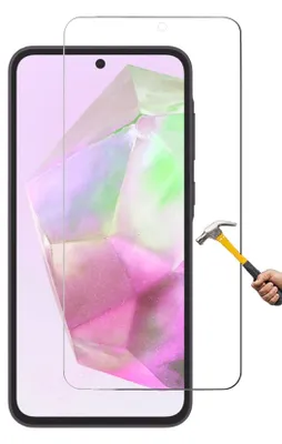 A screen protector for a smartphone is shown being applied to a phone, with a hammer nearby to demonstrate its durability.