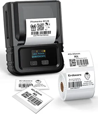 Produktbild von PHOMEMO M120 Label Drucker Bluetooth, Mini -Aufkleber -Kennzeichnungsgerät Barcode, QR -Code, Einzelhandel, Kleinunternehmen, kompatibler Smartphone &
