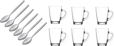 Produktbild von 6er Set, Teetasse, Kaffeetasse, Teeglas, Glastasse, Glas, 250 ml + 6 Edelstahllöffel