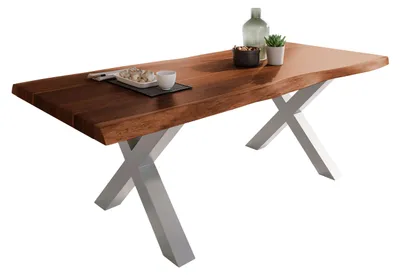 Produktbild von Esstisch Baumkante massiv Akazie Nuss 220 x 110 X-Gestell silber ATLAS