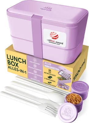 Produktbild von Umami Brotdose Bento-Lunchbox, verschachtelbar, mit Fächern, Besteck und 2 Saucentöpfen