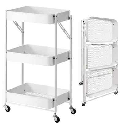 Klappbarer Küchenwagen, 3 Ablagen, 4 Rollen, 29x40x76 cm, weiß