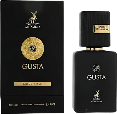 A black perfume bottle and its packaging are displayed against a white background.