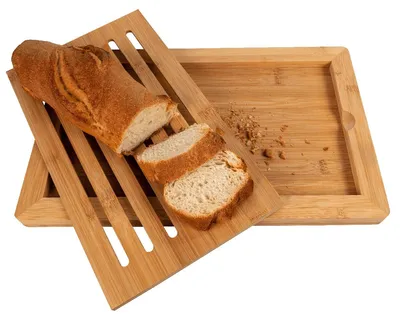 Produktbild von Schneidebrett Holz Bambus EUROHOME 38 cm - herausnehmbares Krümelfach Krümmelgitter als Auffangschale - Brotschneidebrett Brotzeitbrett Servierbrett