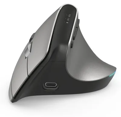 A side view of a silver and black ergonomic vertical mouse.