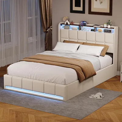 Image de Lit tapissé - Lit double - Structure de lit - Rangement et tiroirs - Avec éclairage LED et ports USB - 140 x 200 cm - Beige