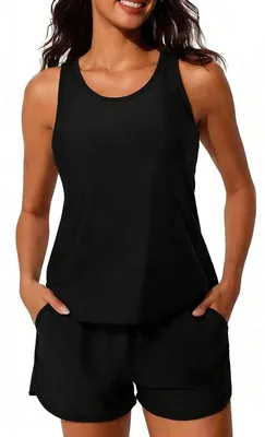Produktbild von Tankini mit Shorts – 2-teiliges Badeanzug – Bescheidene Badebekleidung – Verstellbar – Hohe Taille – Integrierter BH – Badeshorts mit Taschen