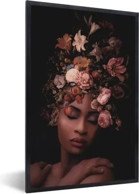 Produktbild von MuchoWow® MuchoWow® Gerahmtes Poster Frauen - Blumen - Schwarz 40x60 cm - Poster mit zchwarzem Bilderrahmen - Papierdruck - Wandbilder