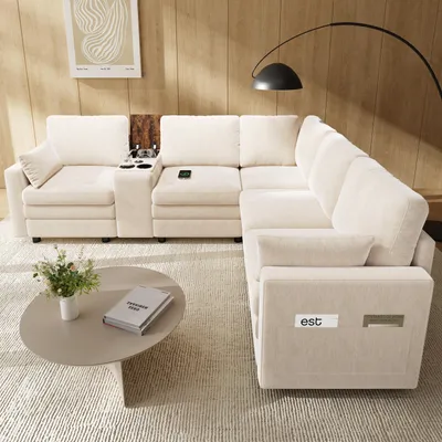 Produktbild von okwish 5-Sitzer Ecksofa Wolkenkomfort Mittelkonsole Relaxsofa mit USB und Getränkehaltern Stauraum L-Form modular Chenille Beige