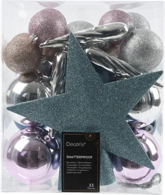 Produktbild von Weihnachtskugeln Kunststoff mit Christbaumstern 33er Set - Rosa / Blau Mix