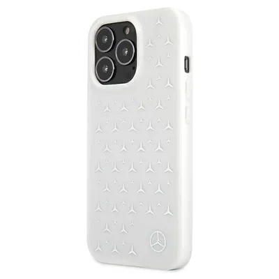 A white iPhone 13 Pro Max case with a silver star pattern and a Mercedes-Benz logo.