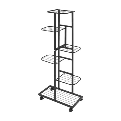 Zdjęcie produktu dla 6-poziomowy metalowy stojak na rośliny z kółkami do salonu, foyer, sypialni czarny