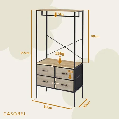 Produktbild von CASABEL offener Kleiderschrank, 4 Stoffschubladen, Holz, schwarzes Metall
