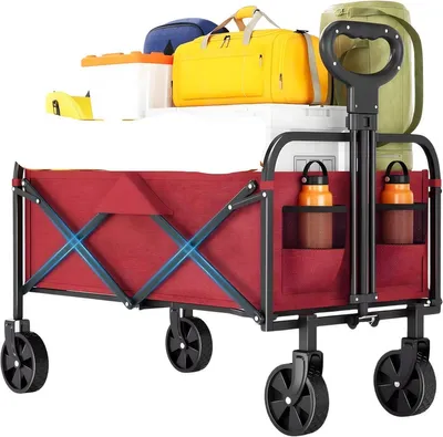 Produktbild von Faltbarer Bollerwagen – Handwagen 50 kg Tragkraft – Gartenwagen & Transportwagen für Camping, Strand & Einkäufe – Rot