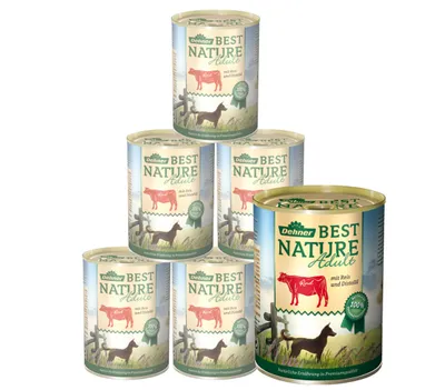 Produktbild von Dehner Best Nature Hundefutter, Nassfutter getreidefrei, für ausgewachsene Hunde, Rind / Reis / Distelöl, 6 x 400 g Dose (2.4 kg)