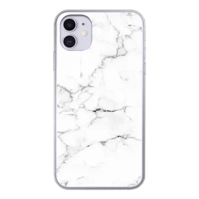 A white iPhone 11 case with a gray marble pattern.
