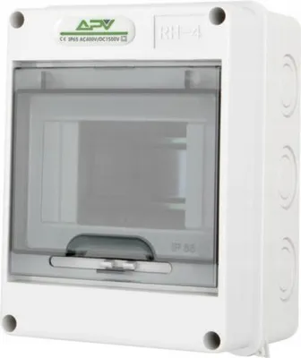 A white electrical distribution box with a transparent door.