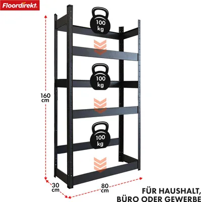 A black metal shelving unit with dimensions and weight capacity indicated.