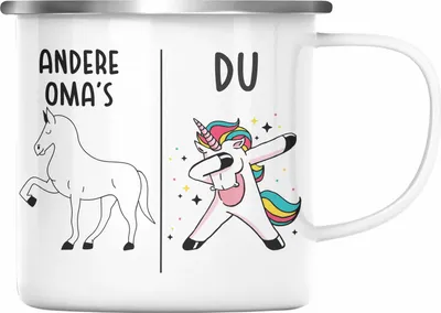 Produktbild von Trendation - Oma Emaille Tasse Lustig Geschenk mit Spruch Beste Großmutter Emaille Emaille Tasse Einhorn (Silber)